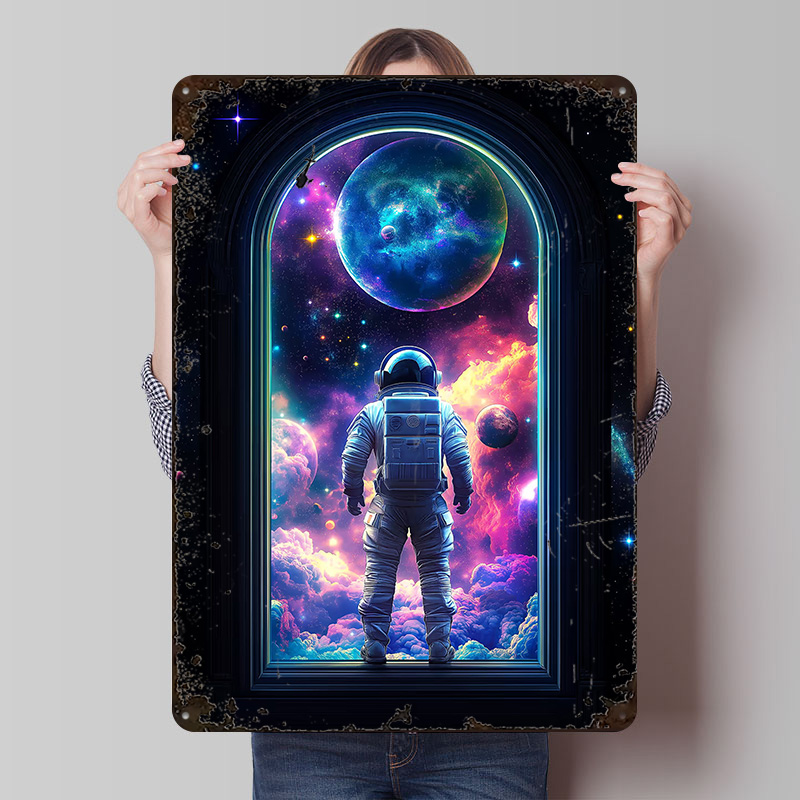 Retro Gaming Space - Металлический постер «Астронавт у окна космического